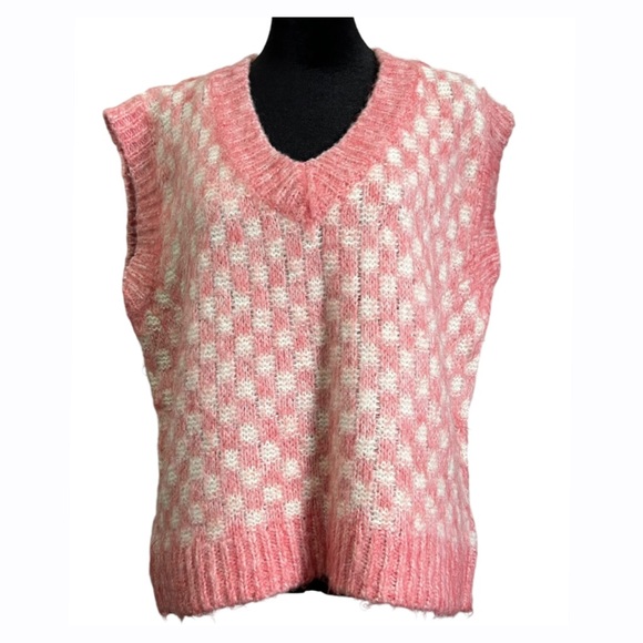 FRNCH Sweaters - FRNCH Paris Womens Pink & White Sleeveless Checkered V-Neck Knit Vest Size Small
